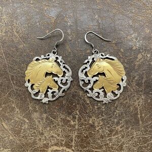 Vintage Sterling Silver Horse Earrings, Brass Detail - Mother's Day Gift